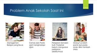 Problem Anak Sekolah Saat Ini
Managemen
Belajar yang Buruk
Cemas dan Panik
saat menghadapi
Ujian
Pelajaran Semakin
Sulit, Padahal
belum menguasai
pelajaran
sebelumnya
Orang Tua lebih
panik dari pada
anak. Bikin tambah
stress
IONIA
 