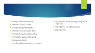  Penghasilan Tambahan
 Memiliki Usaha Sendiri
 Bebas Uang dan Waktu
 Memiliki Rumah/Mobil Baru
 Membahagiakan Orang Tua
 Membahagiakan Keluarga
 Perjalanan Religi
 Menjalani Pensiun dengan tenang
 Pendidikan Anak setinggi yang anak
inginkan
 Membantu orang lain/sosial
 Dan lain-lain
IONIA
 