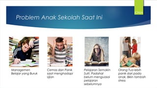 Problem Anak Sekolah Saat Ini
Managemen
Belajar yang Buruk
Cemas dan Panik
saat menghadapi
Ujian
Pelajaran Semakin
Sulit, Padahal
belum menguasai
pelajaran
sebelumnya
Orang Tua lebih
panik dari pada
anak. Bikin tambah
stress
IONIA
 