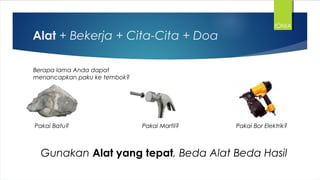 Alat + Bekerja + Cita-Cita + Doa
Gunakan Alat yang tepat, Beda Alat Beda Hasil
IONIA
Berapa lama Anda dapat
menancapkan paku ke tembok?
Pakai Batu? Pakai Martil? Pakai Bor Elektrik?
 