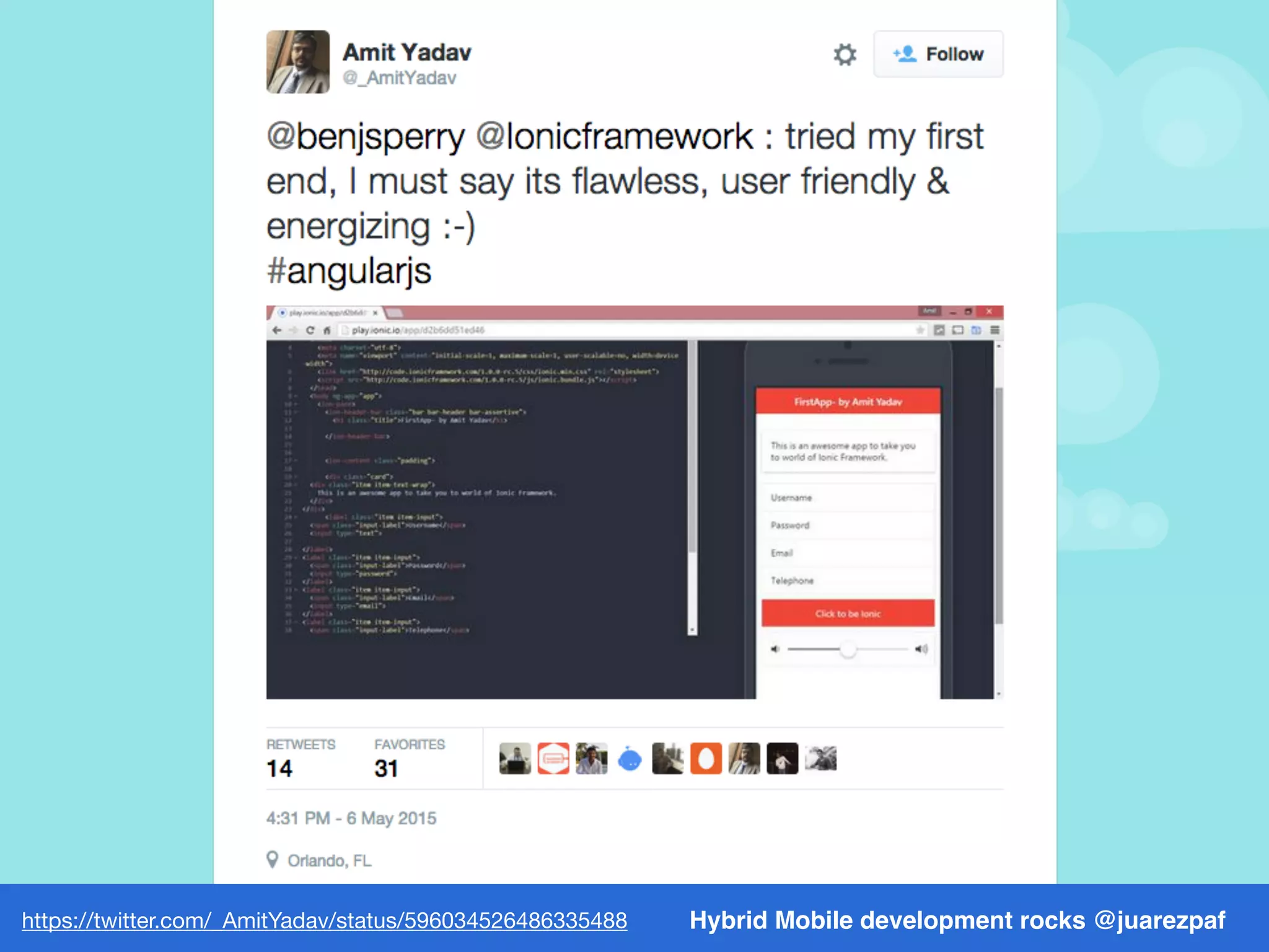 Ionic Playground, a fun new tool that makes it incredibly
easy to build Ionic apps and demos in the browser.
Hybrid Mobile development rocks @juarezpafhttp://play.ionic.io/
 