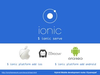 $ ionic serve
Hybrid Mobile development rocks @juarezpafhttp://ionicframework.com/docs/cli/test.html
$ ionic platform add ...