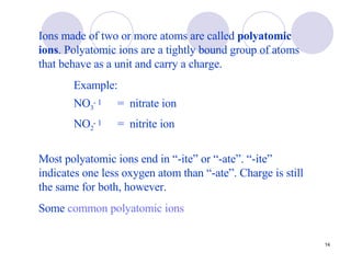 Ions made of two or more atoms are called  polyatomic ions . Polyatomic ions are a tightly bound group of atoms that behave as a unit and carry a charge. Example: Most polyatomic ions end in “-ite” or “-ate”. “-ite” indicates one less oxygen atom than “-ate”. Charge is still the same for both, however. Some  common  polyatomic ions NO 3 - 1 =  nitrate ion NO 2 -   1 =  nitrite ion 