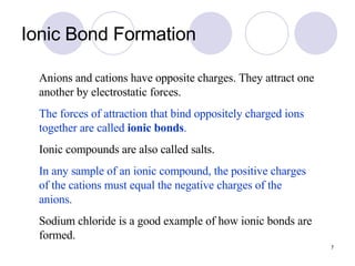 Ionic Bond Formation Anions and cations have opposite charges. They attract one another by electrostatic forces. The forces of attraction that bind oppositely charged ions together are called  ionic bonds . Ionic compounds are also called salts. In any sample of an ionic compound, the positive charges of the cations must equal the negative charges of the anions. Sodium chloride is a good example of how ionic bonds are formed. 