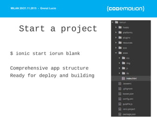 MILAN 20/21.11.2015 - Grenzi Lucio
Start a project
$ ionic start iorun blank
Comprehensive app structure
Ready for deploy and building
 