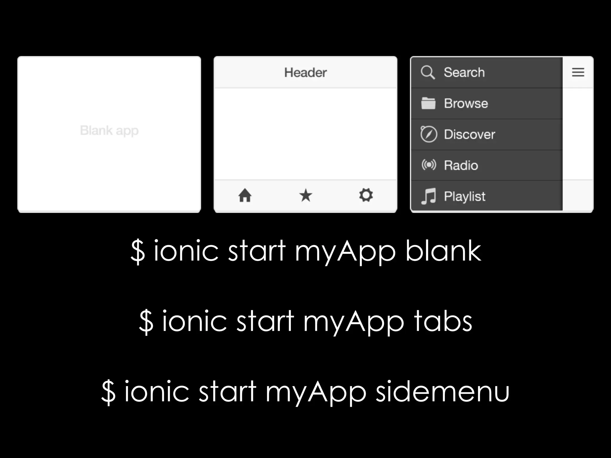 13
$ ionic start myApp blank
$ ionic start myApp tabs
$ ionic start myApp sidemenu