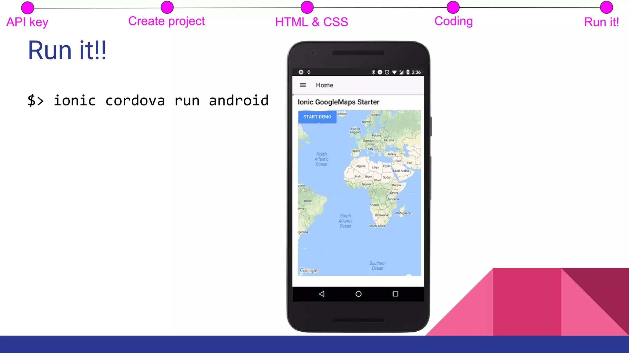 Run it!!
$> ionic cordova run android
API key Create project HTML & CSS Coding Run it!
 
