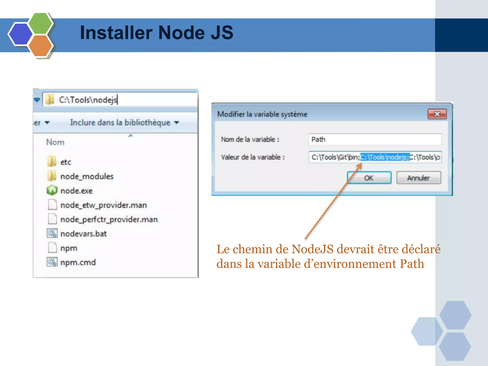 Installer Node JS
Le chemin de NodeJS devrait être déclaré
dans la variable d’environnement Path
 
