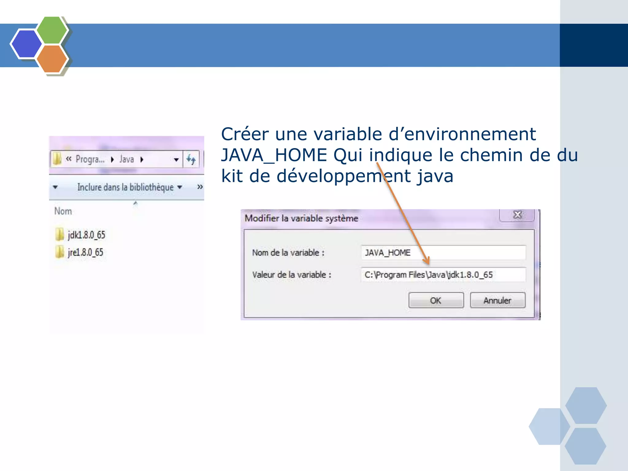 Créer une variable d’environnement
JAVA_HOME Qui indique le chemin de du
kit de développement java
 