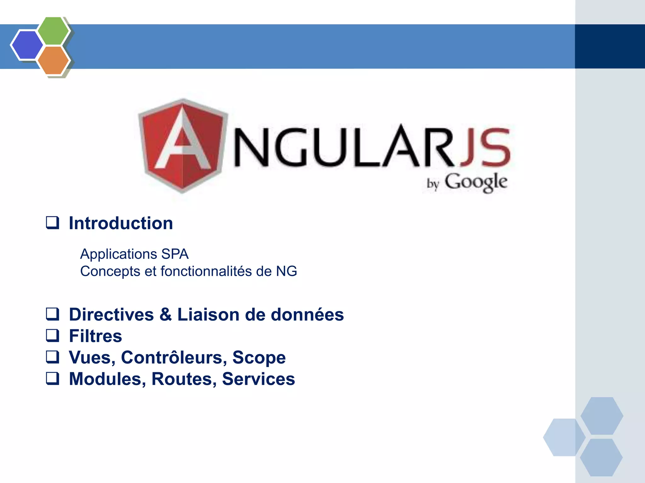  Introduction
Applications SPA
Concepts et fonctionnalités de NG
 Directives & Liaison de données
 Filtres
 Vues, Contrôleurs, Scope
 Modules, Routes, Services
 