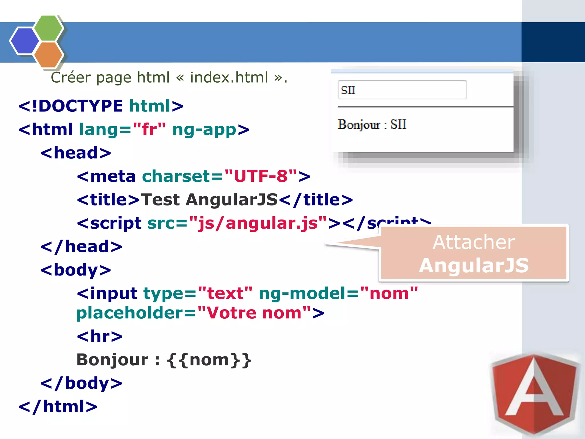 Créer page html « index.html ».
<!DOCTYPE html>
<html lang="fr" ng-app>
<head>
<meta charset="UTF-8">
<title>Test AngularJS</title>
<script src="js/angular.js"></script>
</head>
<body>
<input type="text" ng-model="nom"
placeholder="Votre nom">
<hr>
Bonjour : {{nom}}
</body>
</html>
Attacher
AngularJS
 