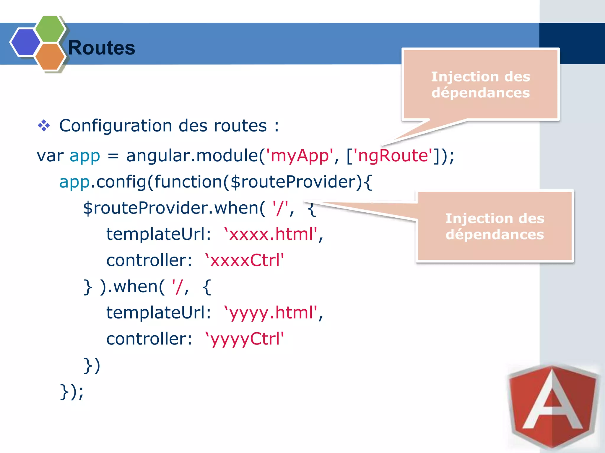 Routes
 Configuration des routes :
var app = angular.module('myApp', ['ngRoute']);
app.config(function($routeProvider){
$routeProvider.when( '/', {
templateUrl: ‘xxxx.html',
controller: ‘xxxxCtrl'
} ).when( '/, {
templateUrl: ‘yyyy.html',
controller: ‘yyyyCtrl'
})
});
Injection des
dépendances
Injection des
dépendances
 