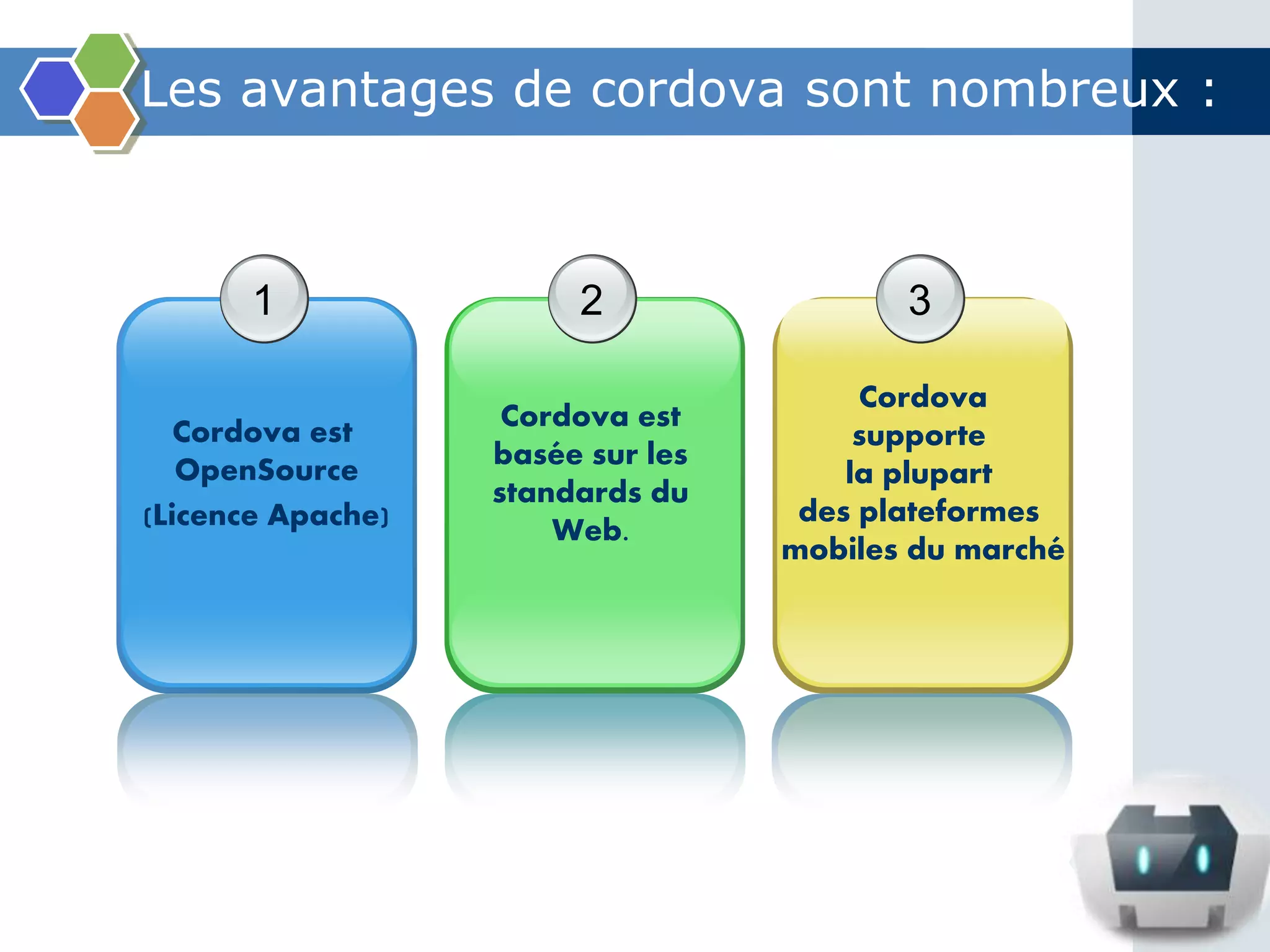 Les avantages de cordova sont nombreux :
Cordova est
OpenSource
(Licence Apache)
1
Cordova est
basée sur les
standards du
Web.
2
Cordova
supporte
la plupart
des plateformes
mobiles du marché
3
 
