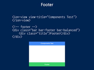 Footer
<ion-view view-title="Components Test">
</ion-view>
<!-- footer -->
<div class="bar bar-footer bar-balanced">
<div class="title">Footer</div>
</div>
 
