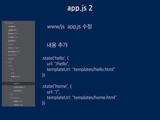 app.js 1
www/js app.js 수정
angular.module('starter', ['ionic', 'starter.controllers', 'starter.services'])
첫줄을 다음처럼 수정
 