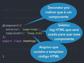 Decorator pra
indicar que é um
componente
Seletor:
tag HTML que será
usada para usar esse
componente
Arquivo que
contém o template:
código HTML
 