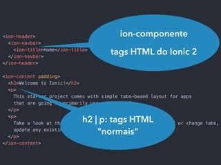 h2 | p: tags HTML
"normais"
ion-componente
tags HTML do Ionic 2
 