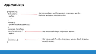 App.module.ts
@NgModule({
declarations: [
MyApp,
…
],
imports: [
IonicModule.forRoot(MyApp)
],
bootstrap: [IonicApp],
entryComponents: [
MyApp,
…
],
providers: […]
})
Hier müssen Pages und Components eingetragen werden
die in der App genutzt werden sollen.
Hier müssen alle Pages eingetragen werden.
Hier müssen alle Provider eingetragen werden die als Singleton
genutzt werden.
 