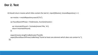 it('should return movies which titles contain the text lo', inject([Movies], (movieRepository) => {
var movies = movieRepository.search("lo");
var foundSearchPhrase = find(movies, function(movie) {
var missmatchFound = !includes(movie.Title, 'lo');
return missmatchFound;
});
expect(movies.length).toBeGreaterThan(0);
expect(foundSearchPhrase).toBeFalsy("Found at least one element which does not contain lo.");
}));
Der 2. Test
 