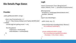 Die Details Page Daten
Provider
public getMovie(imdbID: string) {
return new Promise(resolve => {
let url = 'http://www.omdbapi.com/?apikey=8c94451e&i='
+ imdbID;
console.log('start getting movie:' + url);
this.http.get(url)
.map(result => result.json())
.subscribe(data => resolve(data));
});
}
Logik
import { Component } from '@angular/core';
import { Movies } from '../../providers/movies/movies';
@Component({
templateUrl: 'build/pages/details/details.html',
providers: [Movies]
})
export class DetailsPage {
public movie: any = {};
constructor(private movieRepository: Movies) {
this.setMovie("tt1047490");
}
private setMovie(imdbId: string){
this.movieRepository.getMovie(imdbId)
.then(data => this.movie = data );
}
}
 