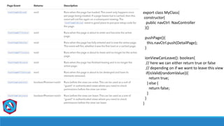 export class MyClass{
constructor(
public navCtrl: NavController
){}
pushPage(){
this.navCtrl.push(DetailPage);
}
ionViewCanLeave(): boolean{
// here we can either return true or false
// depending on if we want to leave this view
if(isValid(randomValue)){
return true;
} else {
return false;
}
}
}
 