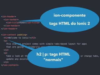 h2 | p: tags HTML
"normais"
ion-componente
tags HTML do Ionic 2
 
