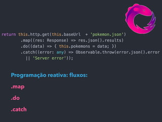 Programação reativa: ﬂuxos:
.map
.do
.catch
 