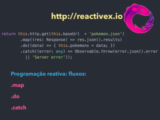 Programação reativa: ﬂuxos:
.map
.do
.catch
http://reactivex.io
 