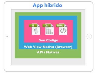 App híbrido
APIs Nativas
Web View Nativa (Browser)
Seu Código
 
