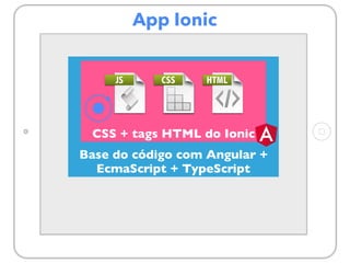 App Ionic
Base do código com Angular +
EcmaScript + TypeScript
CSS + tags HTML do Ionic
 
