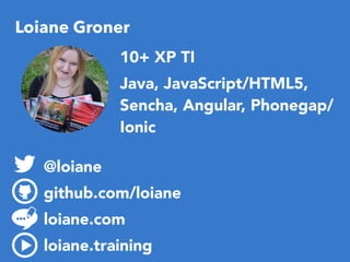 Loiane Groner
@loiane
github.com/loiane
loiane.com
loiane.training
10+ XP TI
Java, JavaScript/HTML5,
Sencha, Angular, Phonegap/
Ionic
 