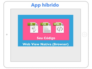 App híbrido
Web View Nativa (Browser)
Seu Código
 