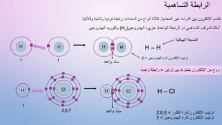 ‫التساهمية‬ ‫الرابطة‬
‫المعدنية‬ ‫غير‬ ‫الذرات‬ ‫بين‬ ‫اإللكترون‬ ‫تقاسم‬
.
‫السندات‬ ‫من‬ ‫أنواع‬ ‫ثالثة‬
:
‫وثالثية‬ ‫وثنائية‬ ‫فردية‬ ‫رابطة‬
.
‫الهيدروجين‬ ‫وكلوريد‬ (H2) ‫الواحدة‬ ‫الرابطة‬ ‫ذو‬ ‫التساهمي‬ ‫للمركب‬ ‫أمثلة‬
:
‫الهيدروجين‬ ‫جزيء‬
1
H
H
H
H
‫الهيدروجين‬ ‫لذرة‬ ‫اإللكترون‬ ‫ترتيب‬
=
2
H – H
1 ‫واحد‬ ‫سند‬
Cl
H Cl
H
‫واحد‬ ‫سند‬
H – Cl
‫الكلور‬ ‫لذرة‬ ‫اإللكترون‬ ‫ترتيب‬
=
2,8,8
‫الهيدروجين‬ ‫لذرة‬ ‫اإللكترون‬ ‫ترتيب‬
=
2
‫الهيكلية‬ ‫الصيغة‬
1
2,8,7
‫ذرتين‬ ‫بين‬ ‫مشترك‬ ‫اإللكترون‬ ‫من‬ ‫زوج‬
=
‫واحدة‬ ‫رابطة‬
 