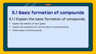 5.1.1 Explain the basic formation of compounds
 Explain the stability of inert gases
 Explain the conditions for the formation of chemical bonds
 State types of chemical bonds
5.1 Basic formation of compounds
 