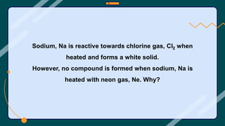 Sodium, Na is reactive towards chlorine gas, Cl2 when
heated and forms a white solid.
However, no compound is formed when sodium, Na is
heated with neon gas, Ne. Why?
 