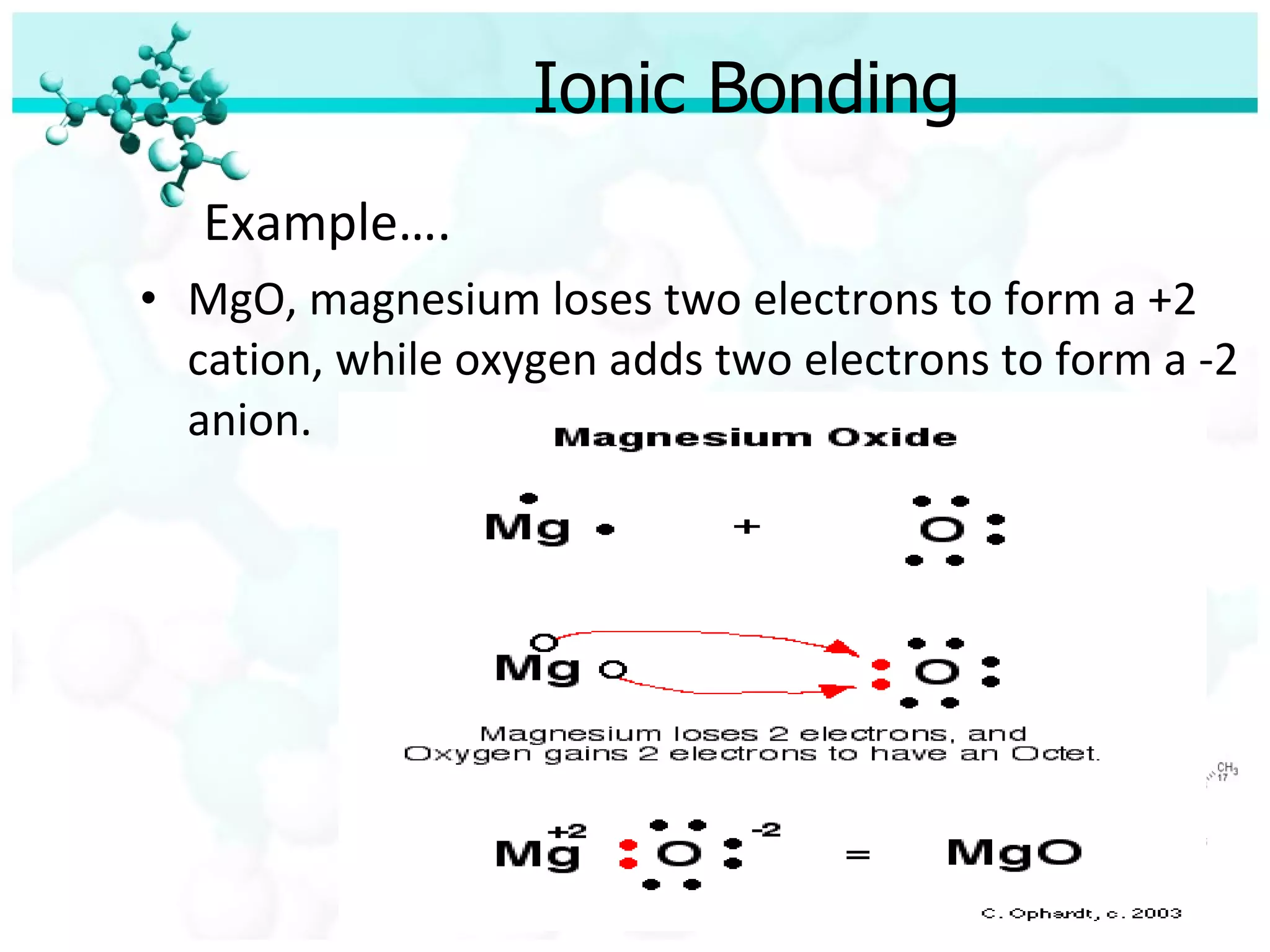 Ionic Bonding Example…. MgO, magnesium loses two electrons to form a +2 cation, while oxygen adds two electrons to form a -2 anion. 