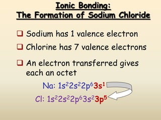 Ionic Bonding:
The Formation of Sodium Chloride

 Sodium has 1 valence electron
 Chlorine has 7 valence electrons

 An electron transferred gives
  each an octet
      Na: 1s22s22p63s1
    Cl: 1s22s22p63s23p5
 