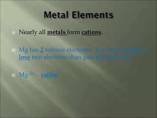  Nearly all metals form cations.
 Mg has 2 valence electrons. It is much easier to
lose two electrons than gain six electrons.
 Mg 2+ …..cation
 