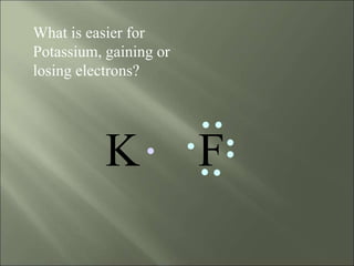 F
K
What is easier for
Potassium, gaining or
losing electrons?
 