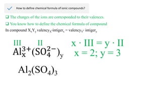 How to define chemical formula of ionic compounds?
 The charges of the ions are corresponded to their valences.
 You know how to define the chemical formula of compound
Alx
3+
(SO4
2−
)y
III II x ∙ III = y ∙ II
In compound XxYy valencyX∙intigerx = valencyY∙ intigery
x = 2; y = 3
Al2(SO4)3
 
