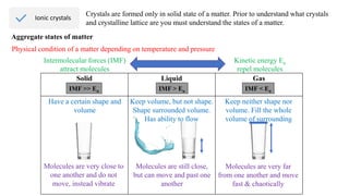 Ionic crystals
Aggregate states of matter
Solid Liquid Gas
Physical condition of a matter depending on temperature and pressure
Have a certain shape and
volume
Keep volume, but not shape.
Shape surrounded volume.
Has ability to flow
Keep neither shape nor
volume. Fill the whole
volume of surrounding
Intermolecular forces (IMF)
attract molecules
Kinetic energy Ек
repel molecules
IMF >> Eк IMF > Eк IMF < Eк
Molecules are very close to
one another and do not
move, instead vibrate
Molecules are still close,
but can move and past one
another
Molecules are very far
from one another and move
fast & chaotically
Crystals are formed only in solid state of a matter. Prior to understand what crystals
and crystalline lattice are you must understand the states of a matter.
 
