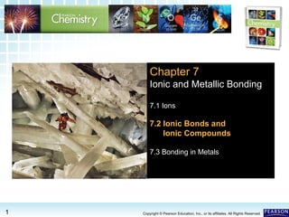 7.2 Ionic Bonds and Ionic Compounds >

Chapter 7
Ionic and Metallic Bonding
7.1 Ions

7.2 Ionic Bonds and
Ionic Compounds
7.3 Bonding in Metals

1

Copyright © Pearson Education, Inc., or its affiliates. All Rights Reserved.

 