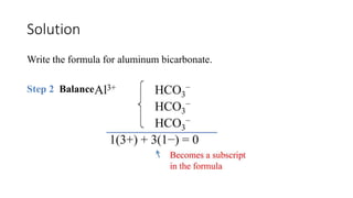 Solution
Write the formula for aluminum bicarbonate.
Step 2 Balance the charges.
 