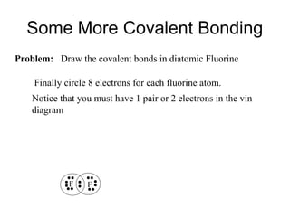 Some More Covalent Bonding
Problem: Draw the covalent bonds in diatomic Fluorine
Finally circle 8 electrons for each fluorine atom.
Notice that you must have 1 pair or 2 electrons in the vin
diagram

F

F

 