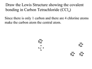 Draw the Lewis Structure showing the covalent
bonding in Carbon Tetrachloride (CCl4)
Since there is only 1 carbon and there are 4 chlorine atoms
make the carbon atom the central atom.

Cl
Cl
C
Cl

Cl

 