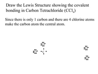Draw the Lewis Structure showing the covalent
bonding in Carbon Tetrachloride (CCl4)
Since there is only 1 carbon and there are 4 chlorine atoms
make the carbon atom the central atom.

Cl
Cl
Cl

C
Cl

 