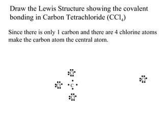 Draw the Lewis Structure showing the covalent
bonding in Carbon Tetrachloride (CCl4)
Since there is only 1 carbon and there are 4 chlorine atoms
make the carbon atom the central atom.

Cl
Cl
Cl

C
Cl

 