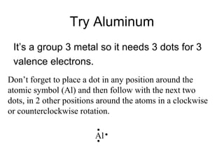 Try Aluminum
It’s a group 3 metal so it needs 3 dots for 3
valence electrons.
Don’t forget to place a dot in any position around the
atomic symbol (Al) and then follow with the next two
dots, in 2 other positions around the atoms in a clockwise
or counterclockwise rotation.
Al

 