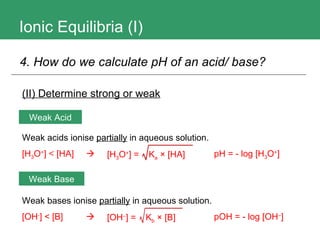 Ionic Equilibria (I) 4. How do we calculate pH of an acid/ base? (II) Determine strong or weak Weak bases ionise  partially  in aqueous solution.  [OH - ] < [B]  pOH = - log [OH – ] Weak Acid Weak Base Weak acids ionise  partially  in aqueous solution.  [H 3 O + ]  <  [HA]   pH = - log [H 3 O + ] [H 3 O + ] =  K a  × [HA] [OH – ] =  K b  × [B] 