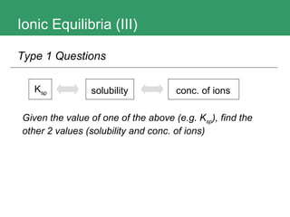 Ionic Equilibria (III) Type 1 Questions K sp solubility conc. of ions Given the value of one of the above (e.g. K sp ), find the other 2 values (solubility and conc. of ions) 